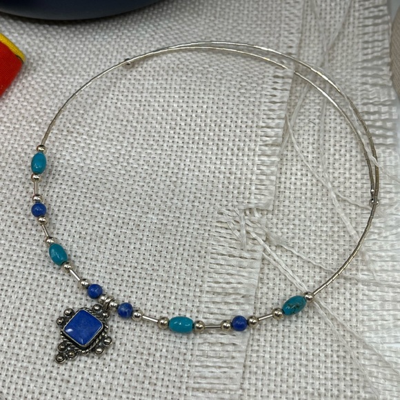 Vintage Southwestern Flexible Sterling Silver Necklace with Lapis & Turquoise - Picture 8 of 15